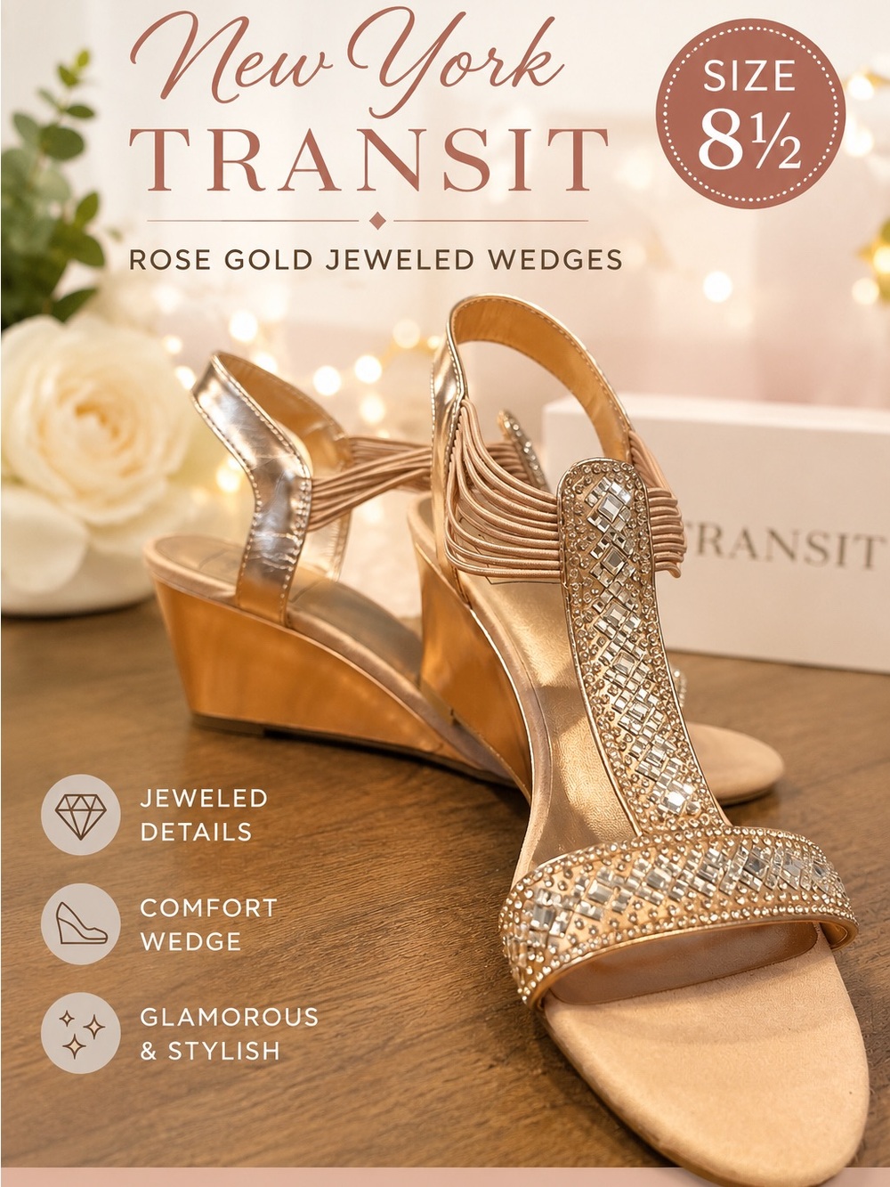 New York Transit Rose Gold Jeweled 2 1/2” Wedge Sandals. Size 8 1/2